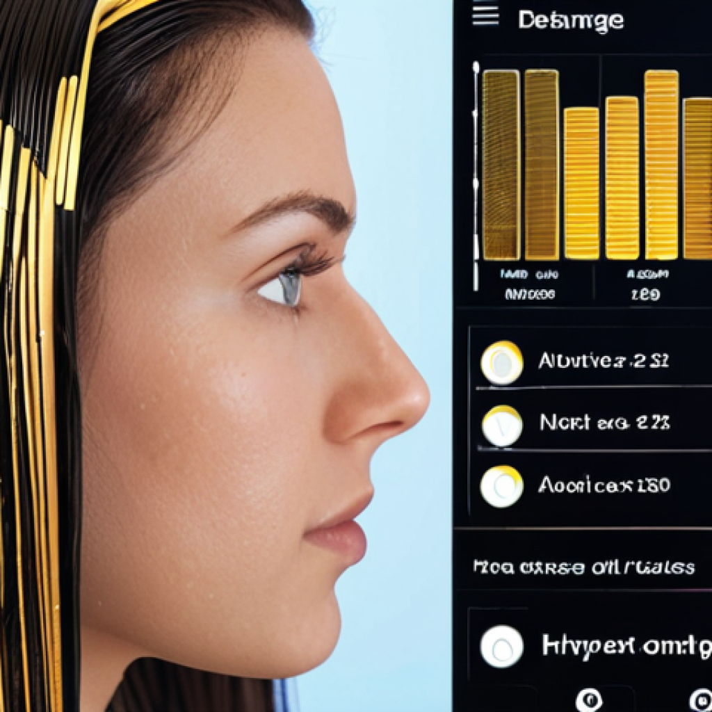 **Prompt:** Close-up of hair being analyzed by a smart haircare device, sensors highlighting moisture, oil, and damage levels, data flowing to a personalized haircare plan interface. Focus on the technology and data visualization.