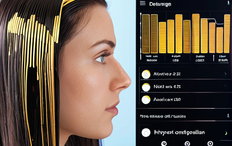 **Prompt:** Close-up of hair being analyzed by a smart haircare device, sensors highlighting moisture, oil, and damage levels, data flowing to a personalized haircare plan interface. Focus on the technology and data visualization.